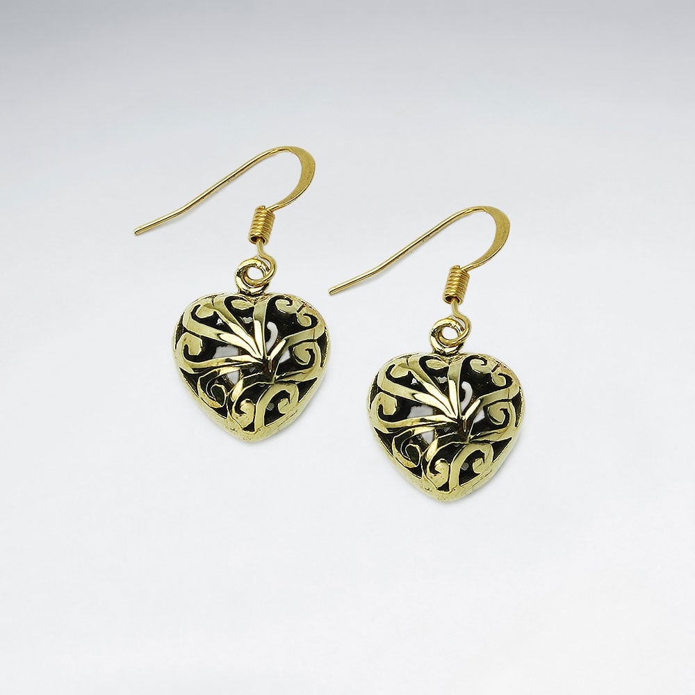 Hearts Inspired Brass Scrollwork Textured Dangle Earrings