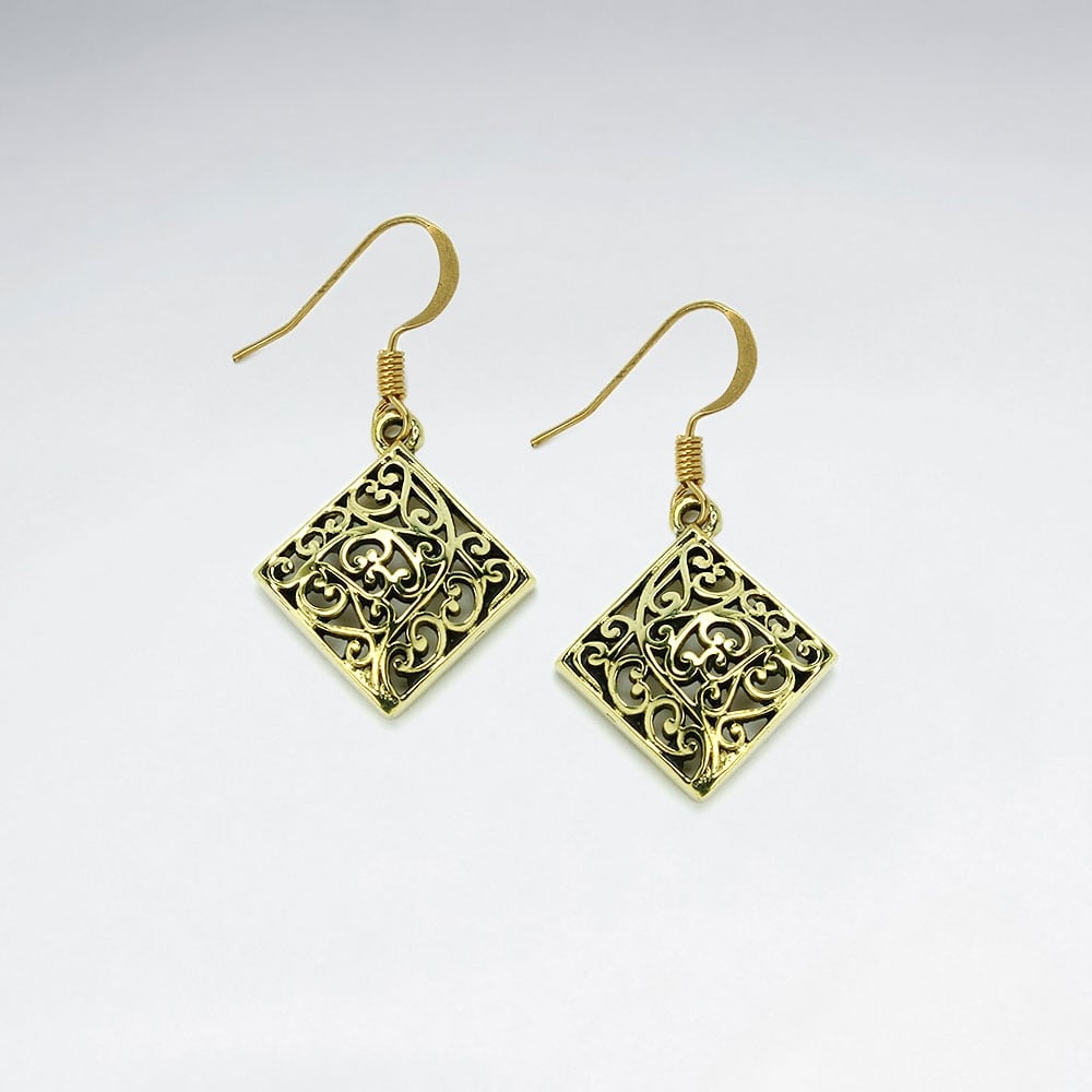Marquis Brass Filigree Puffed Dangle Hook Fashion Earrings