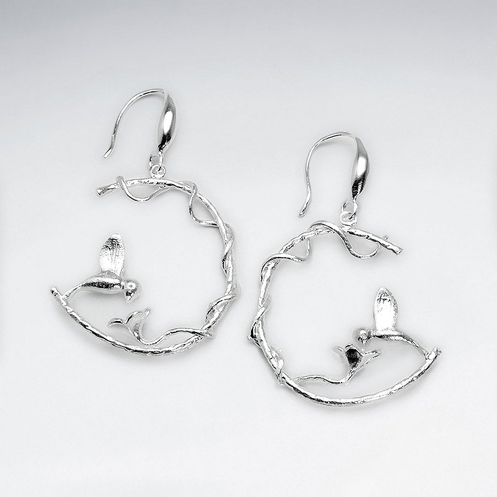 Silver Crescent Moon Inspired Wirework Organic Dangle Earrings With Little Bird
