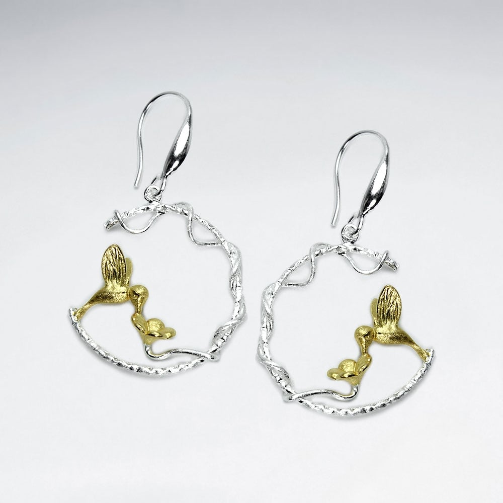 Silver Crescent Moon Inspired Wirework Organic Dangle Earrings With Little Bird