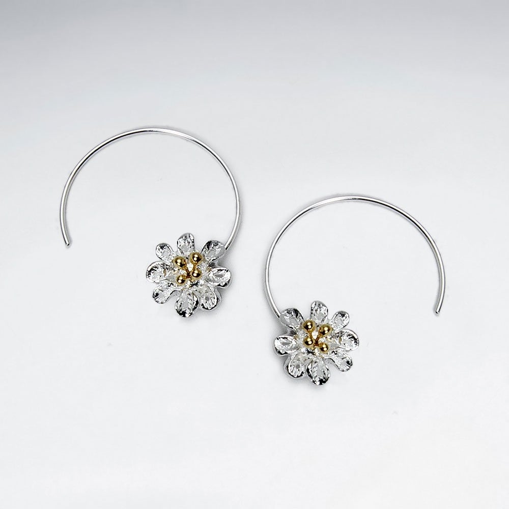 Crescent Hoops Silver Blossom Threader Earrings