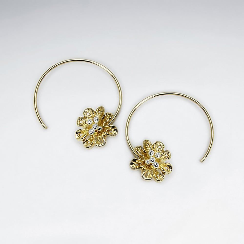 Crescent Hoops Silver Blossom Threader Earrings