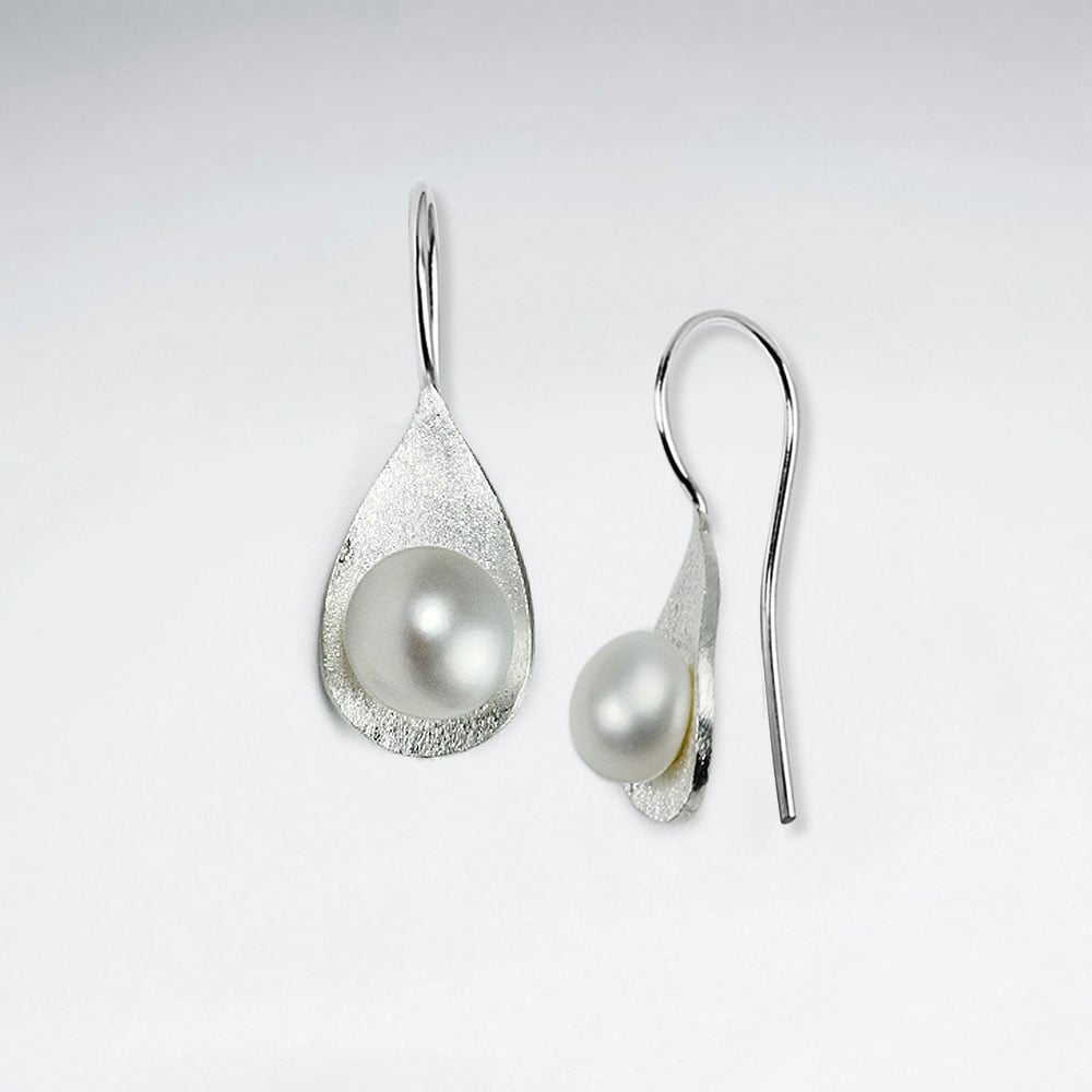 Polished Silver Teardrop With Pearl Dangle Earrings