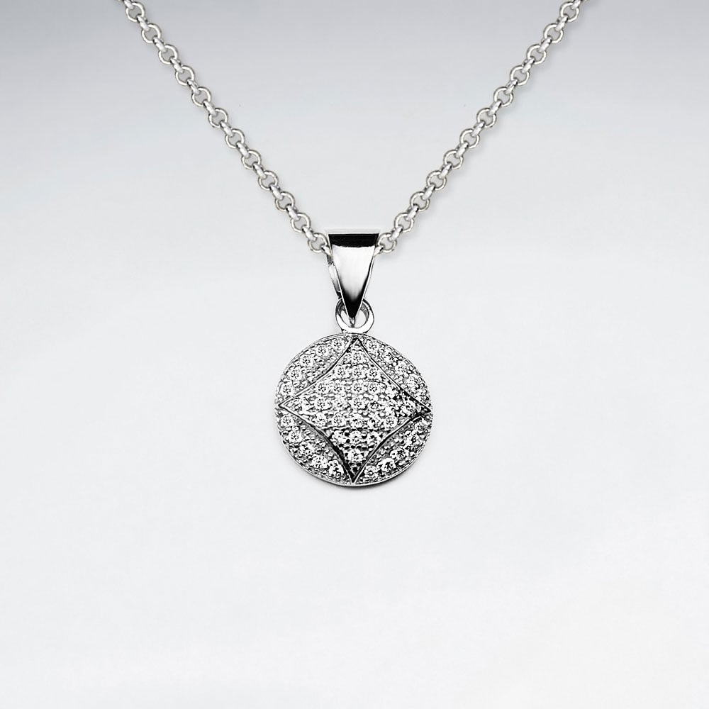 Diamond Etched Disc Cubic Zirconia Silver Pendant