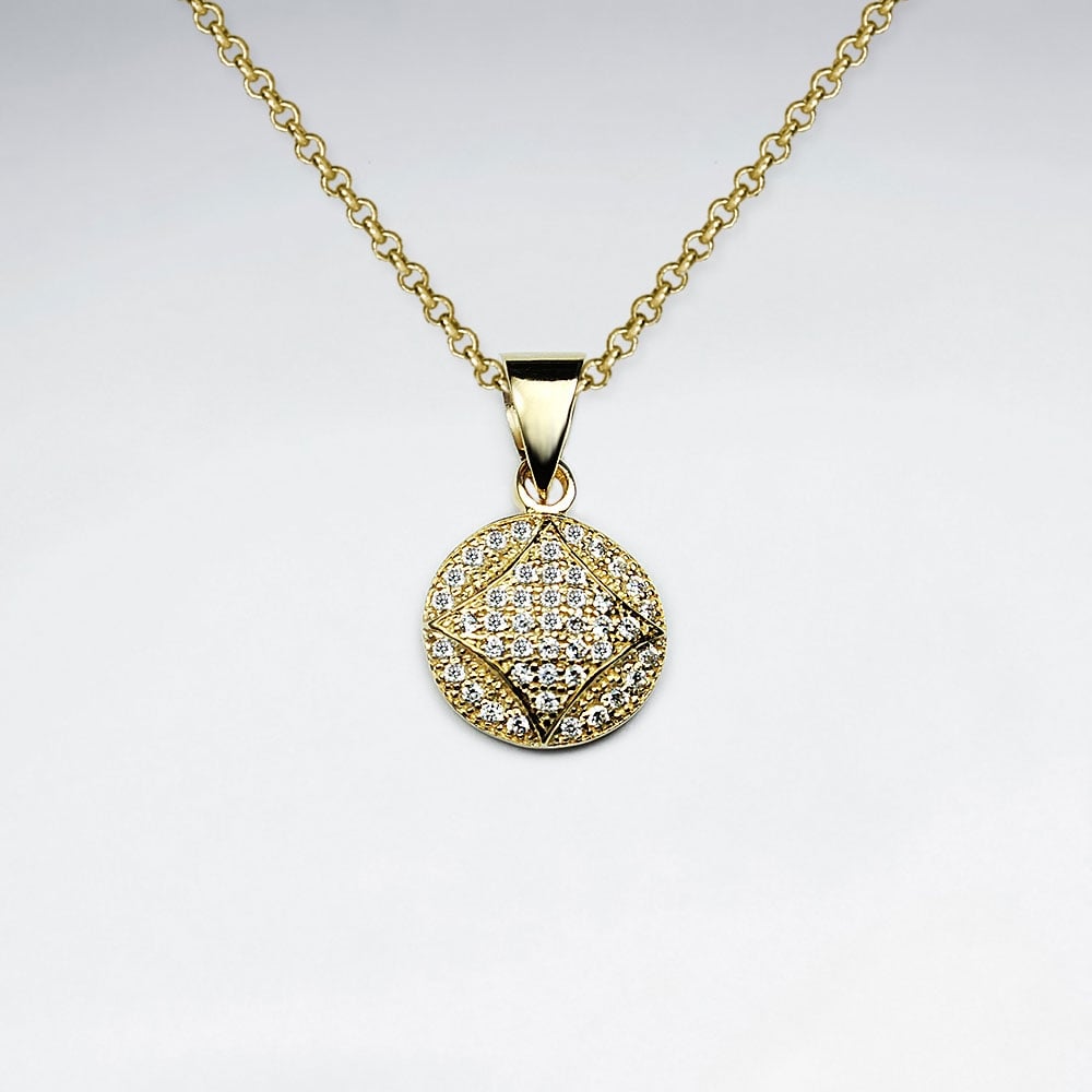 Diamond Etched Disc Cubic Zirconia Silver Pendant