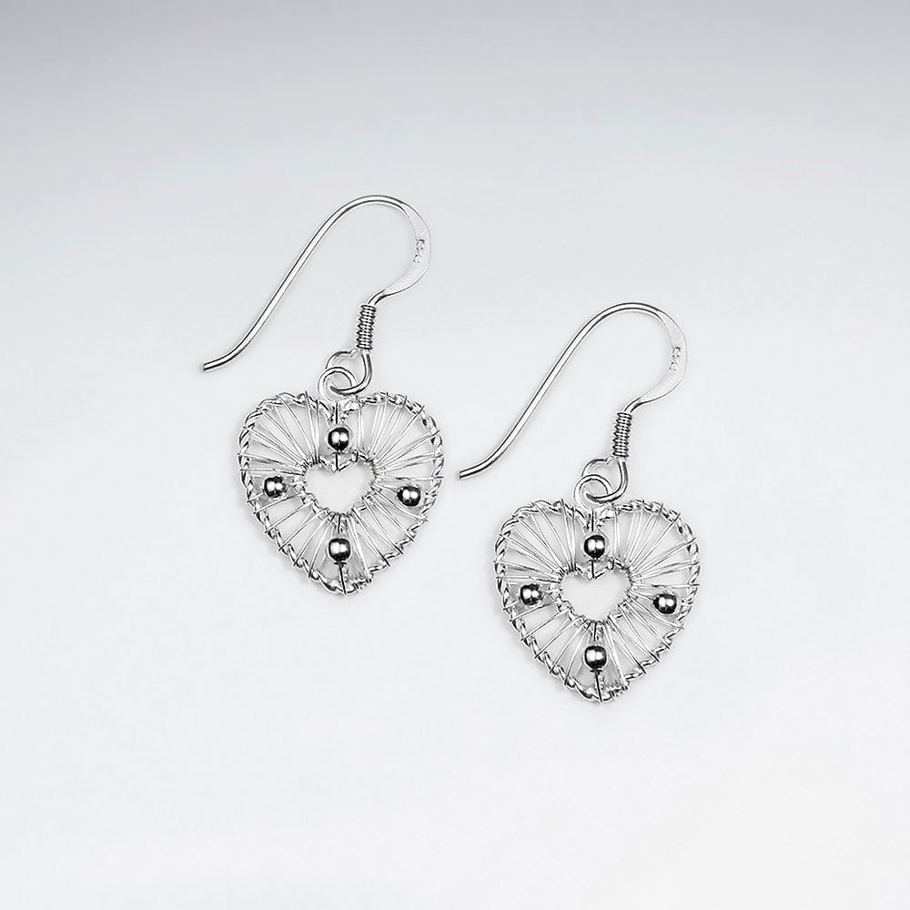 Stunning Silver Drop Wire Work Heart Earrings With Petite Open Heart Nestled Within
