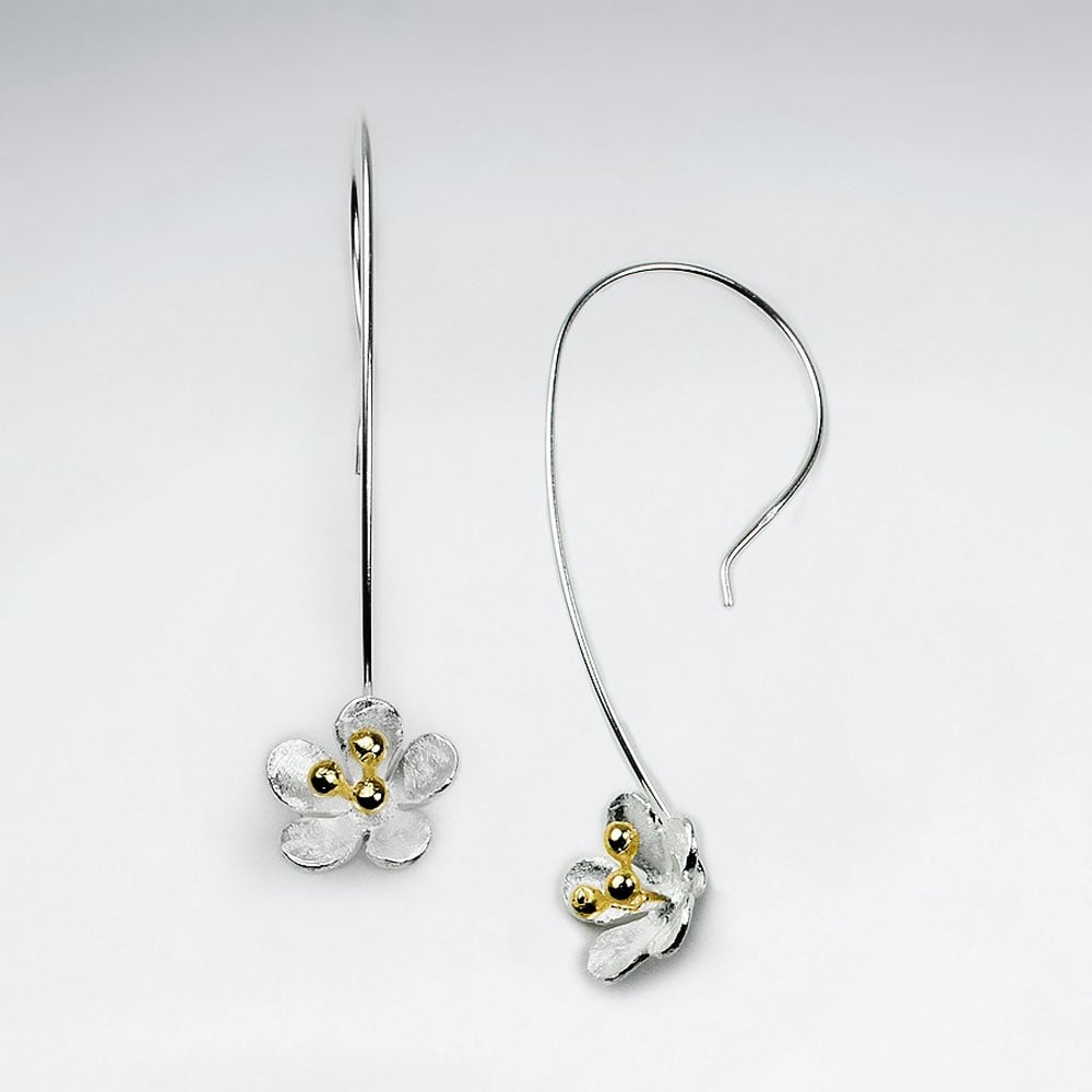 Long Hook Silver Flower Drop Earrings
