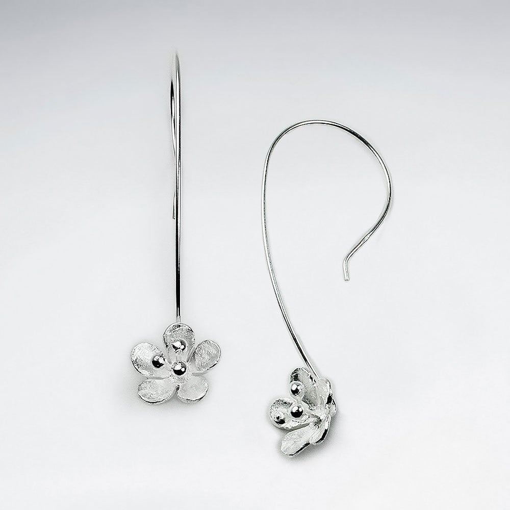 Long Hook Silver Flower Drop Earrings