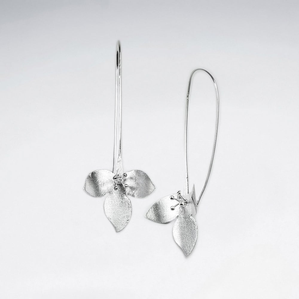 Matte Silver Triple Petal Flower Threader Earrings