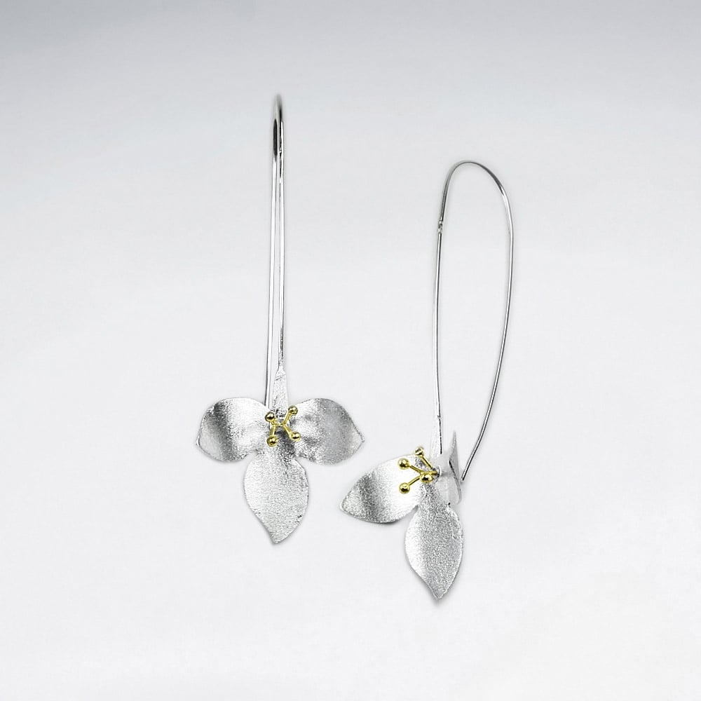 Matte Silver Triple Petal Flower Threader Earrings