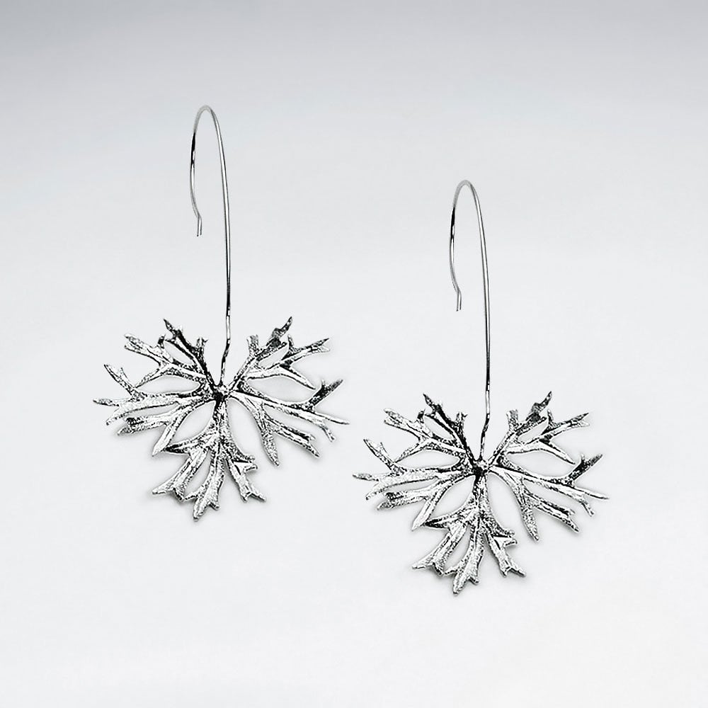 Crackled Leaf Inspired Silver Drop Hook Earrings