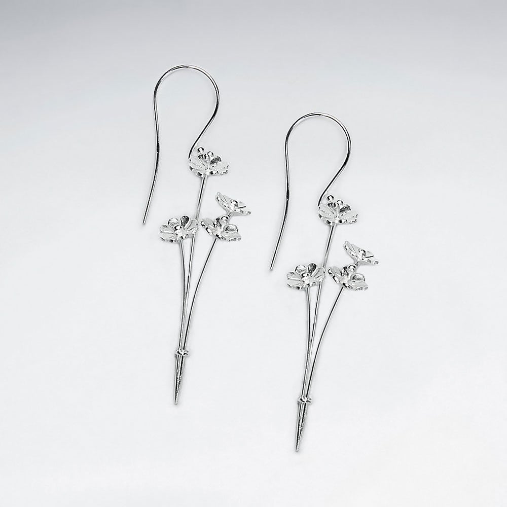 Silver Flower Sprig Drop Hook Earrings