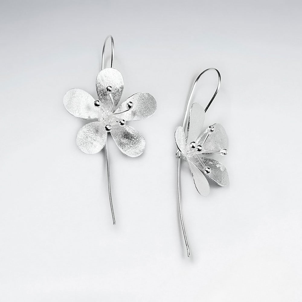 Polished Silver 3D Flower Blossom Threader Drop Earrings