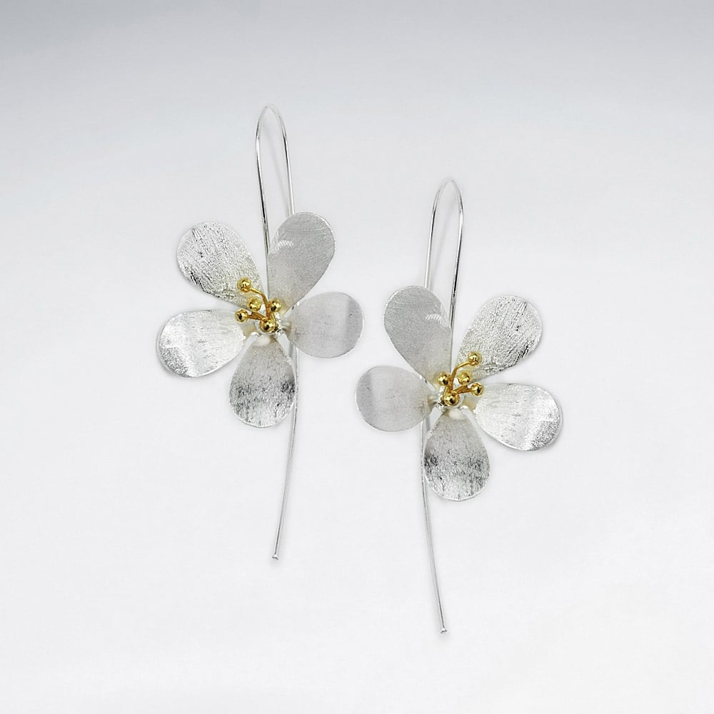 Polished Silver 3D Flower Blossom Threader Drop Earrings