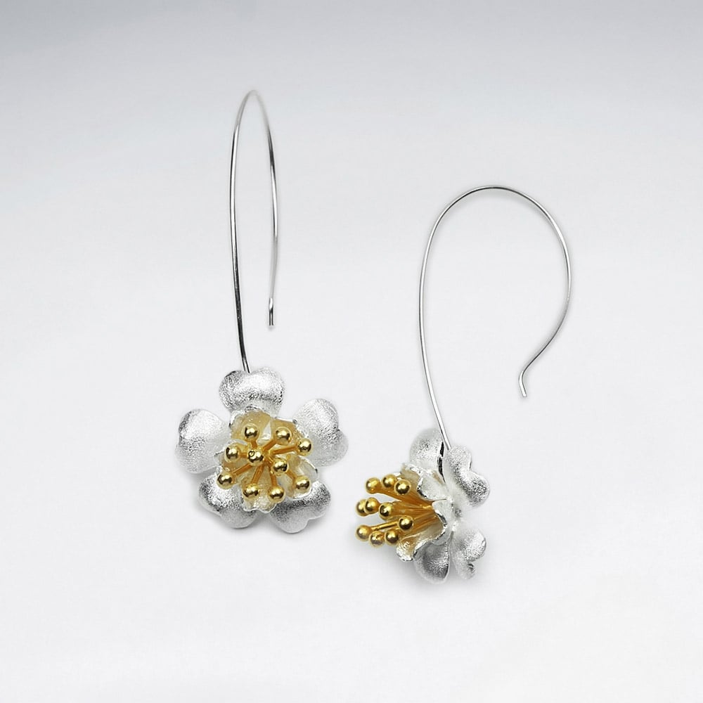 Charming Floral Blossom Detailed Drop Hook Earrings in Silver