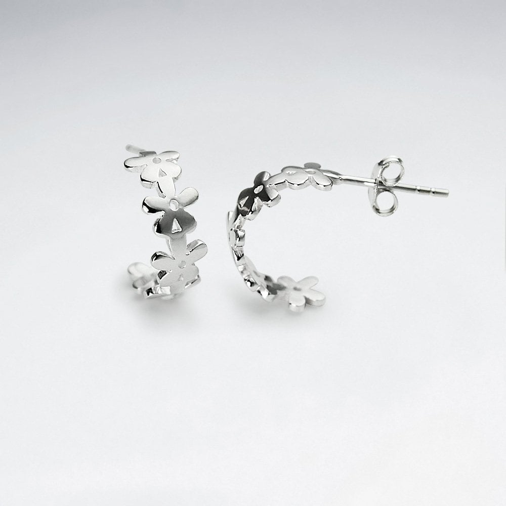 Half Hoop Flower Silhouettes Sterling Silver Earrings