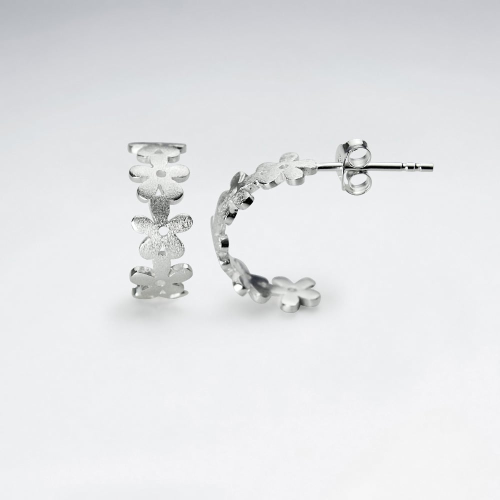 Half Hoop Flower Silhouettes Sterling Silver Earrings