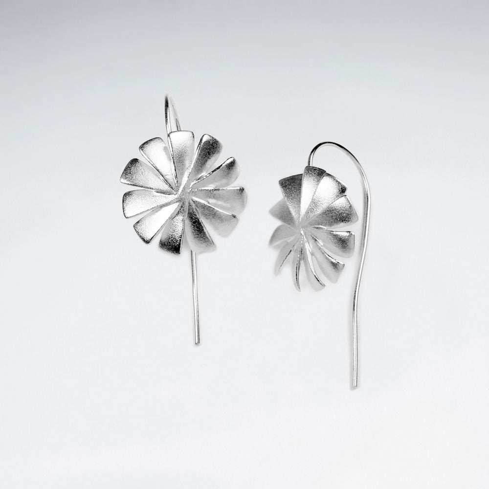 Matte Silver Pinwheel Flower Long Back Earrings