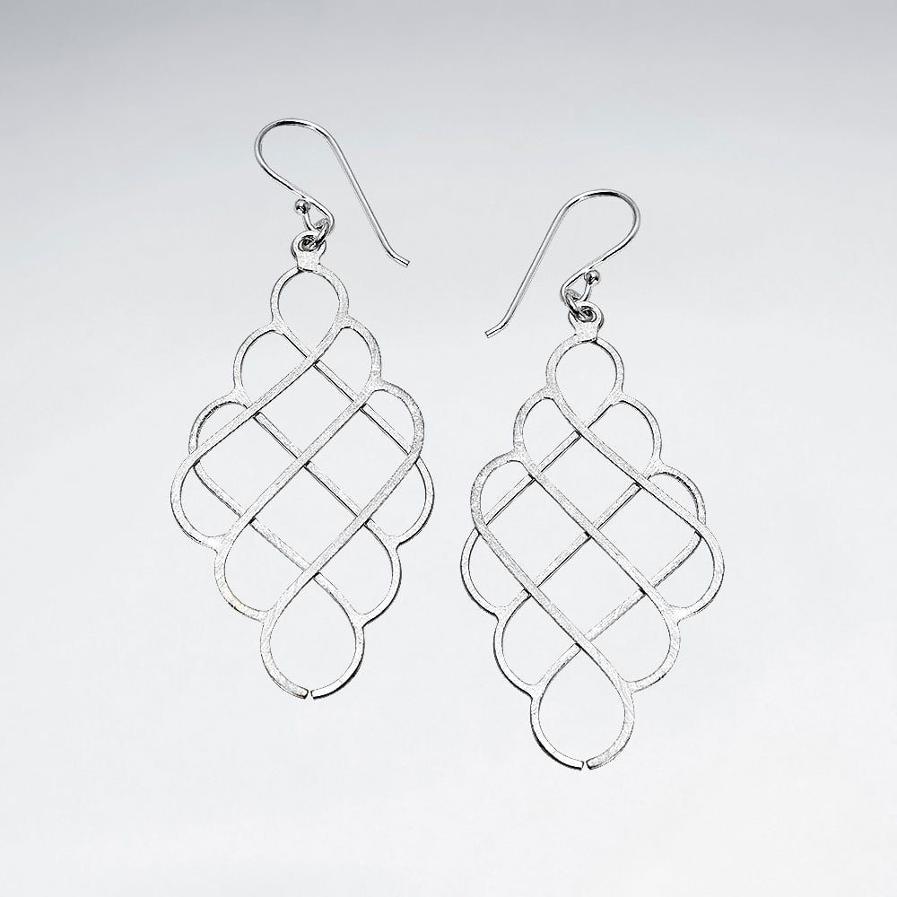 Sterling Silver Crisscross Openwork Pattern Matte Dangle Hook Earrings