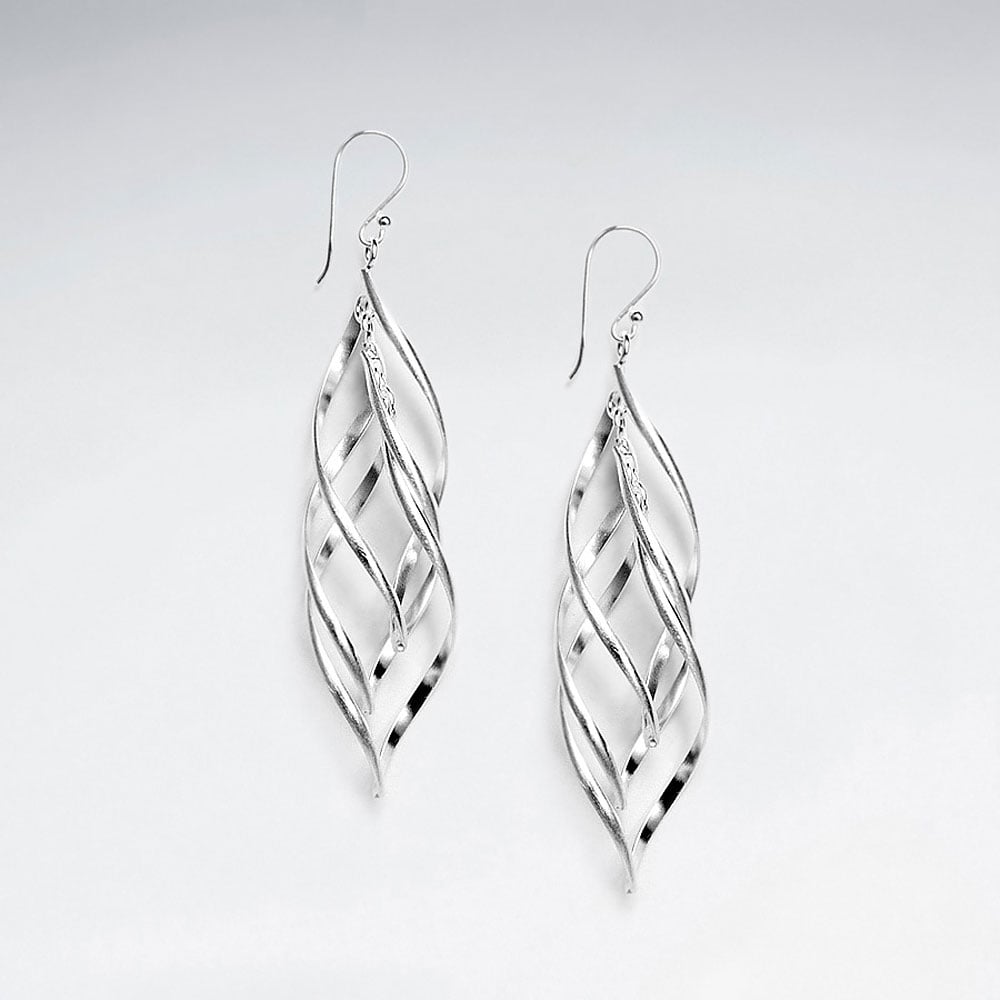 Sterling Silver Trip Leaf Marquis Silhouette Openwork Dangle Hook Earrings
