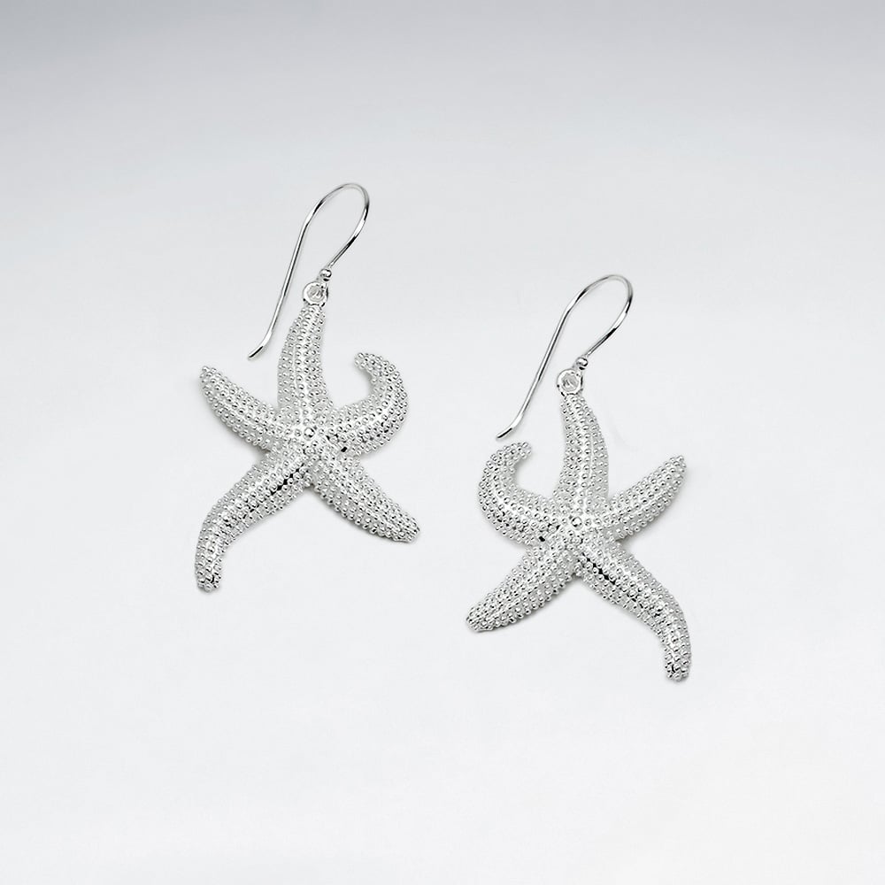 925 Sterling Silver Textured Starfish Dangle Hook Earrings