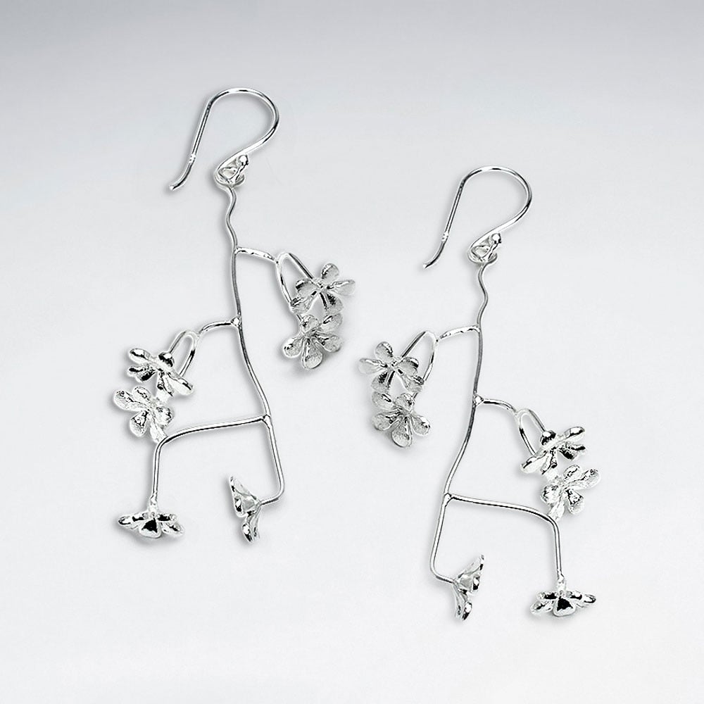 Branching Sterling Silver Matte Flower Blossom Dangle Earrings