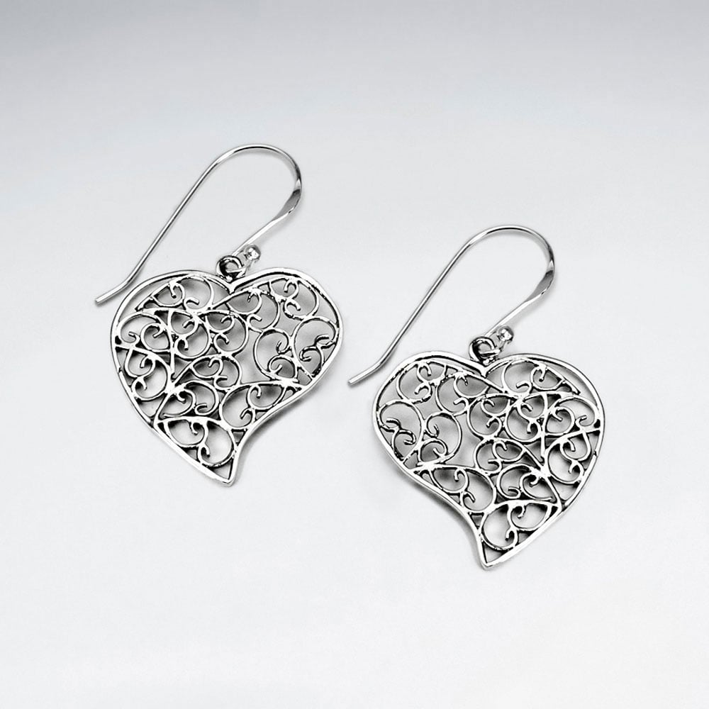 Ornate Filigree Oxidized Silver Heart Dangle Hook Earrings
