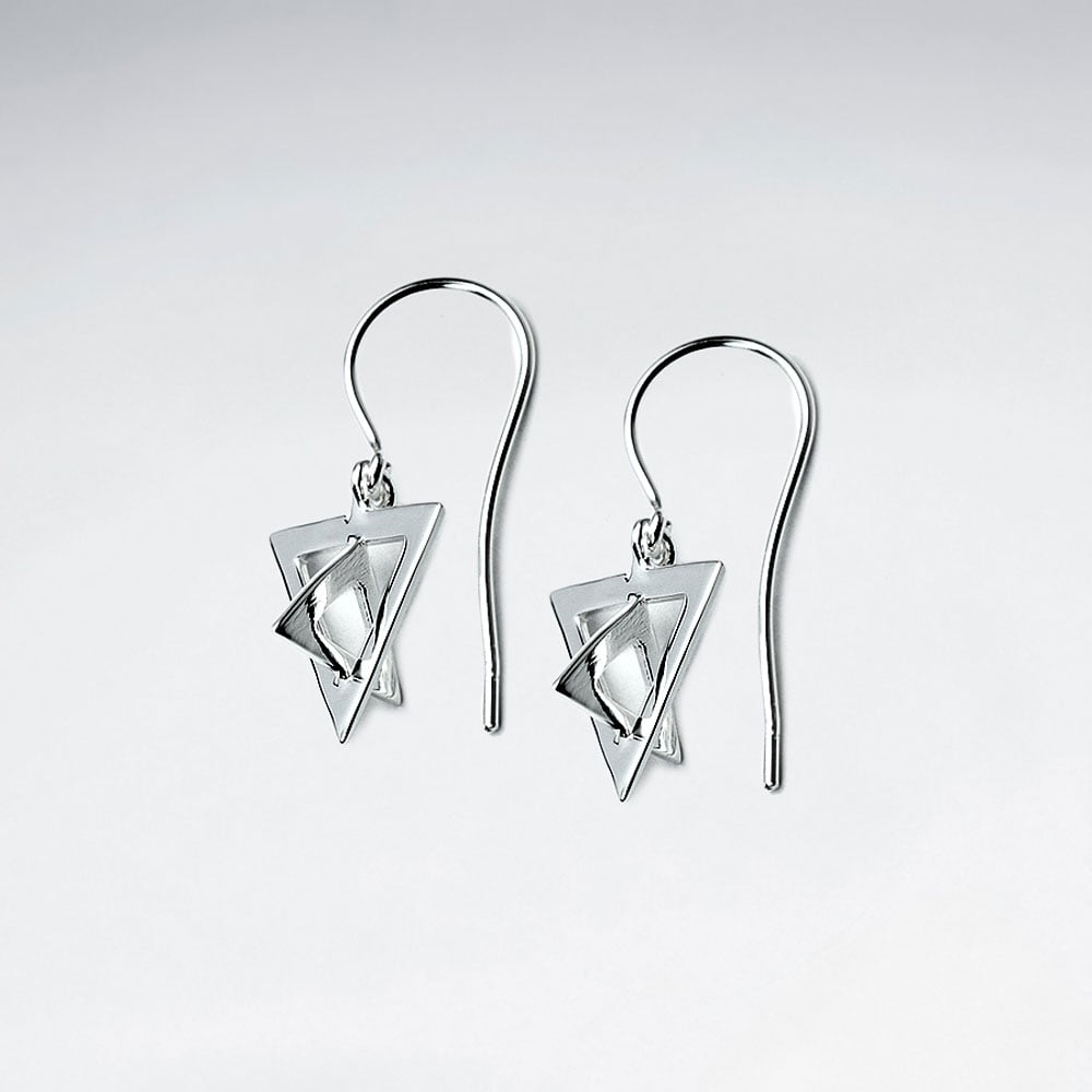 3D Sterling Silver Trangles Hook Earrings