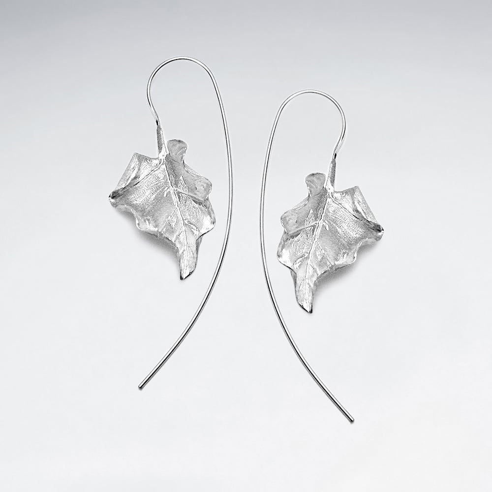 Matte Silver Threader Curled Leaf  Drop Earrings