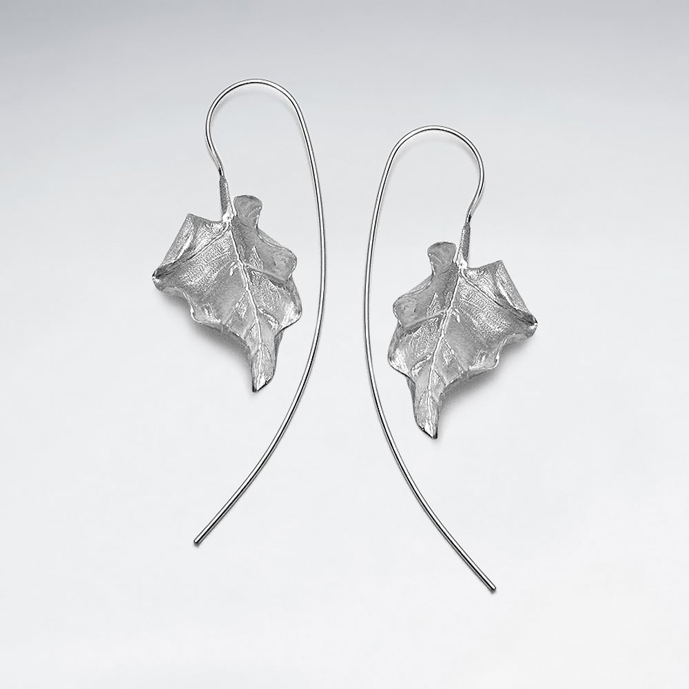 Matte Silver Threader Curled Leaf  Drop Earrings