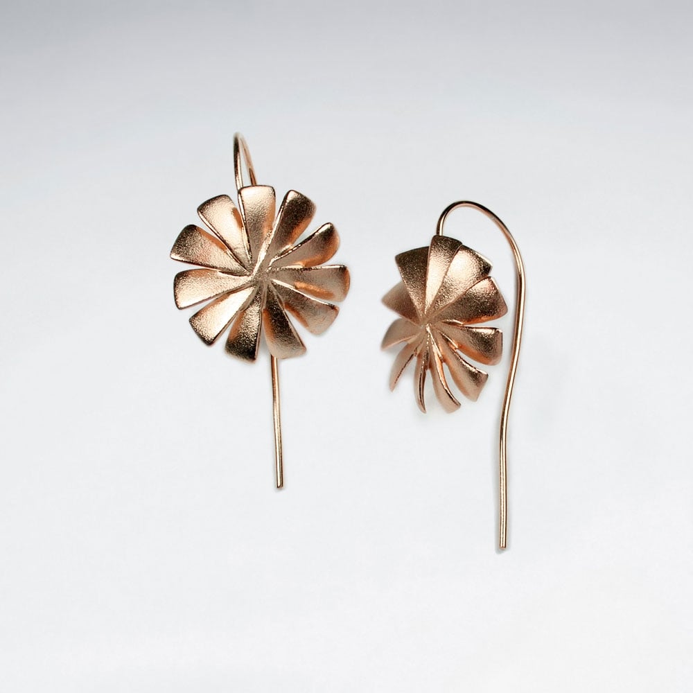 Matte Silver Pinwheel Flower Long Back Earrings