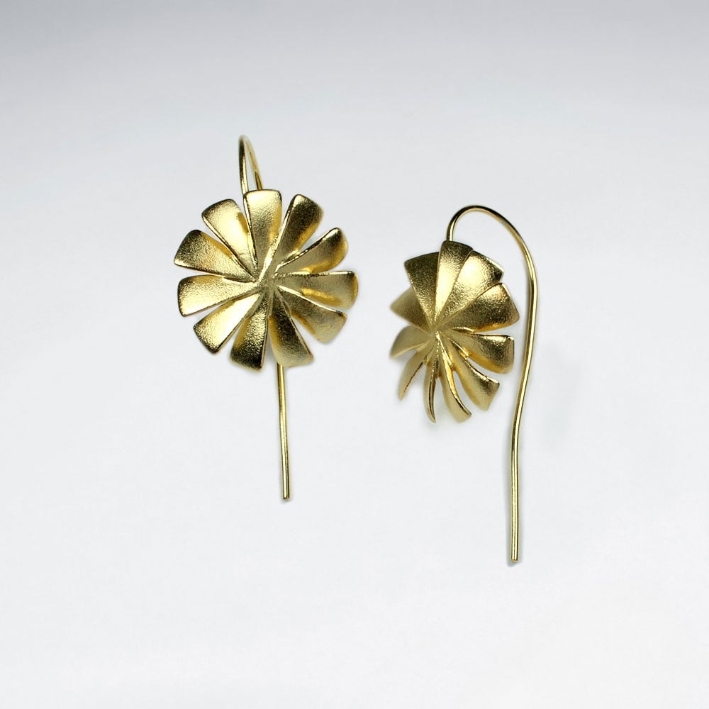 Matte Silver Pinwheel Flower Long Back Earrings