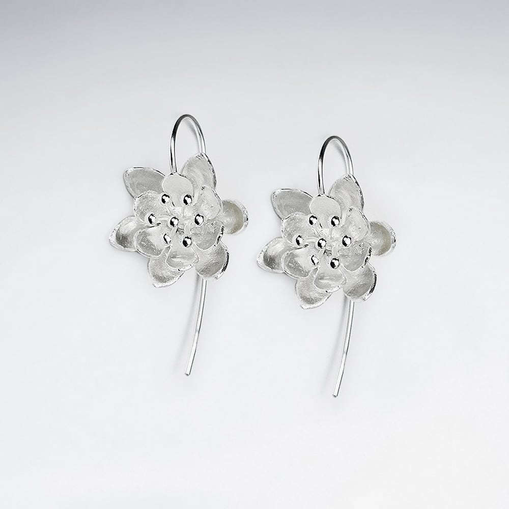 Garden Fashions Matte Silver 3D Flower  Hook Earrings