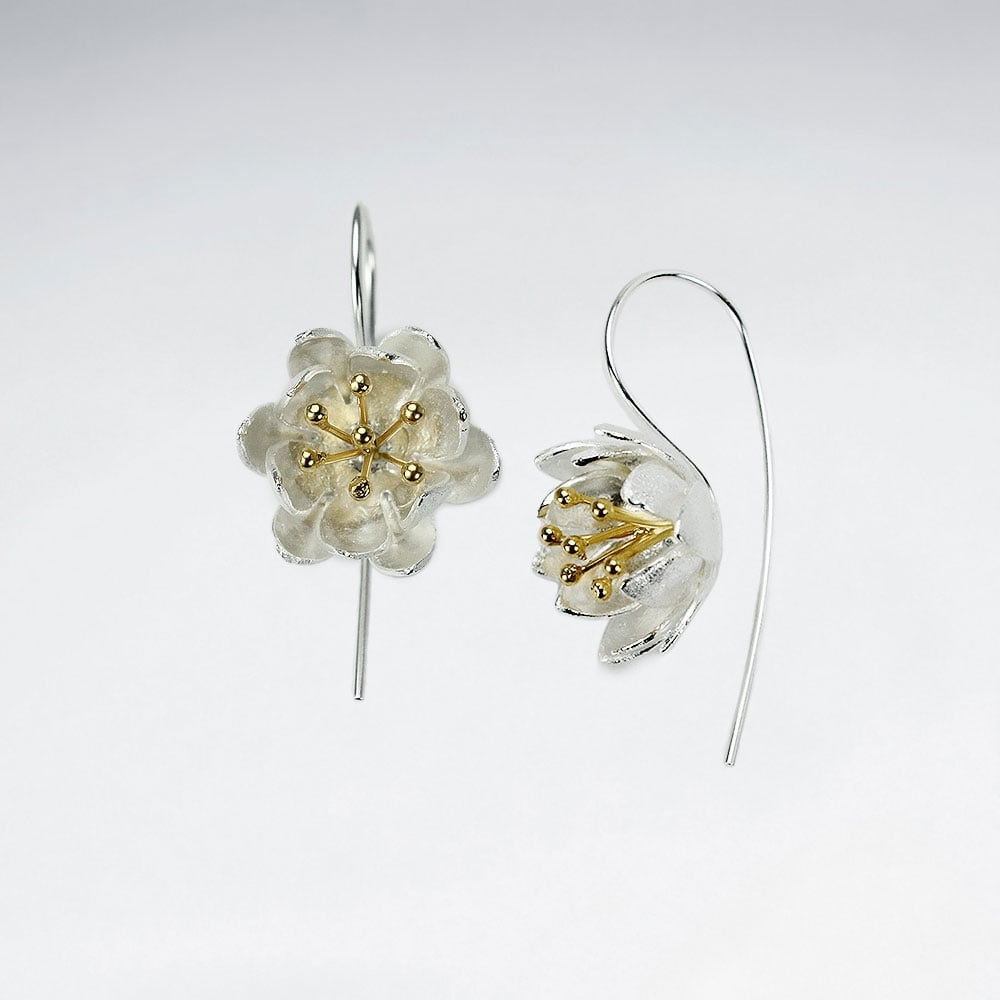 Garden Fashions Matte Silver 3D Flower  Hook Earrings