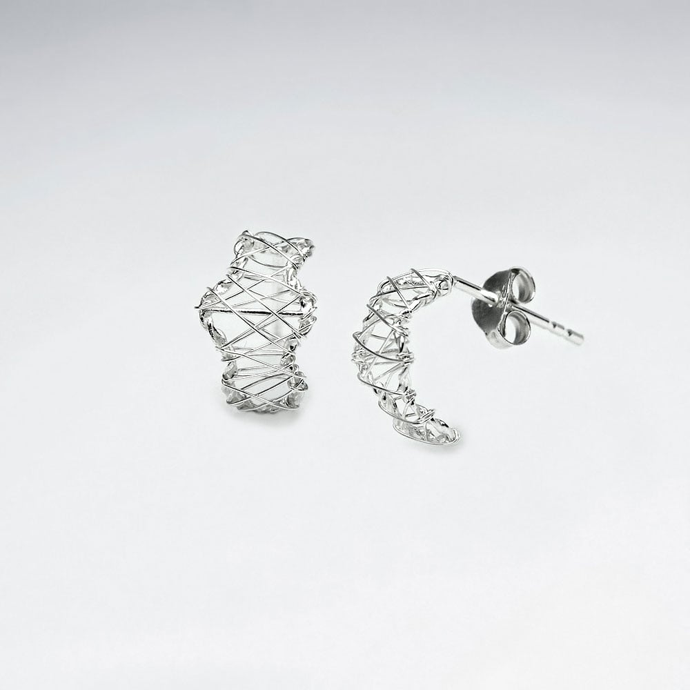 925 Sterling Silver Wirework Wavy Half Hoop Stud Earrings