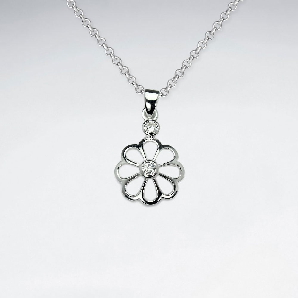 925 Sterling Silver Cubic Zirconia Openwork Flower Pendant