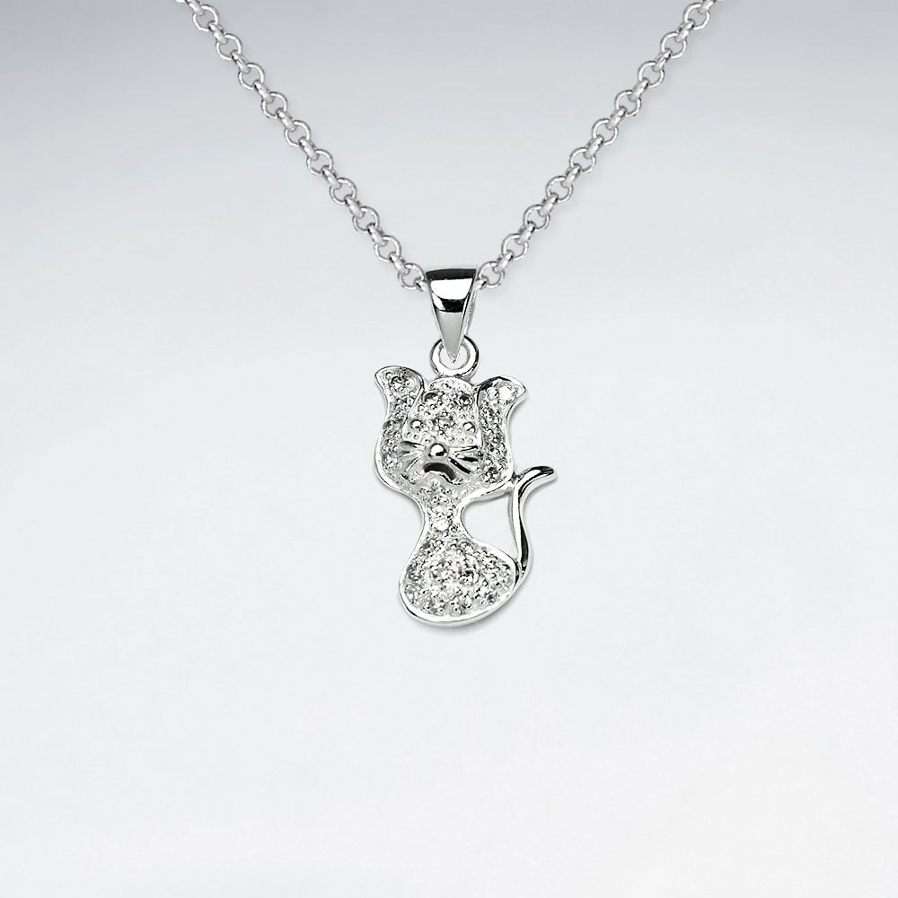 925 Sterling Silver Pave CZ Cat Silhouette Pendant