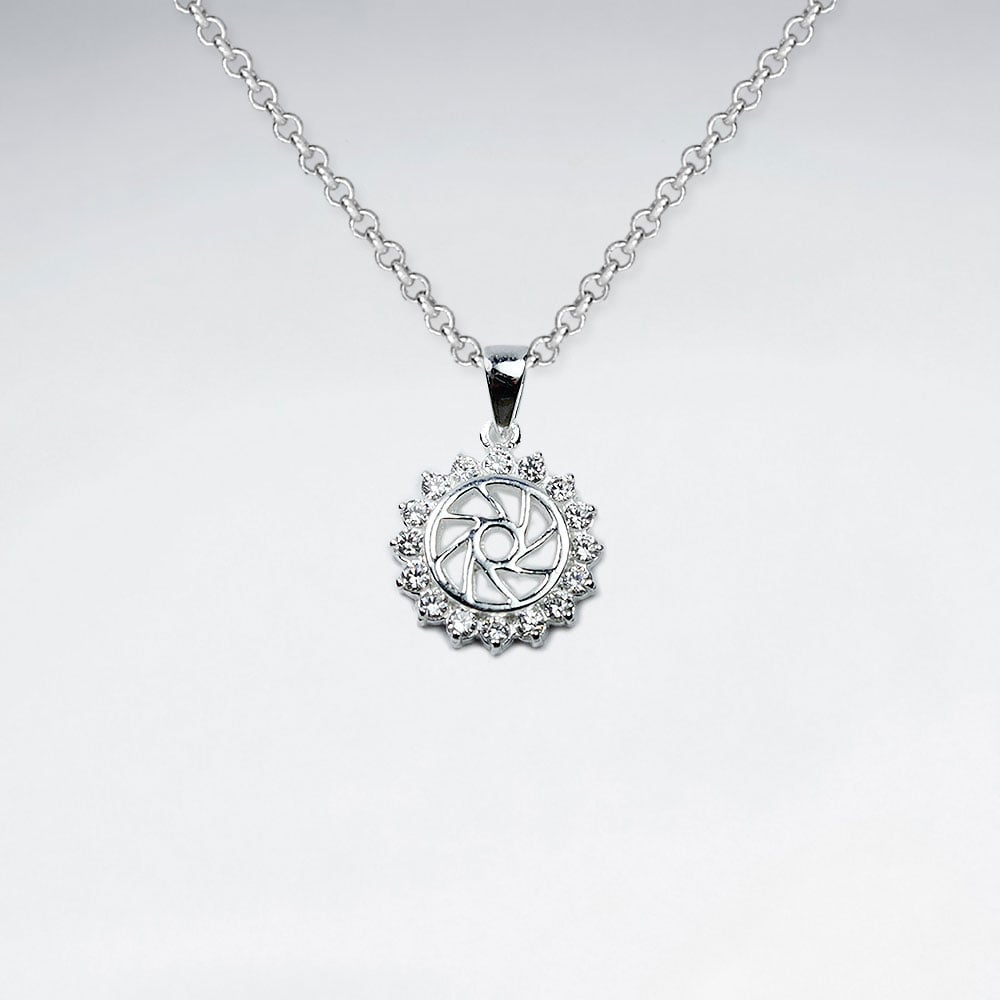 925 Sterling Silver Cubic Zirconia Circle Spiral Sun Pendant