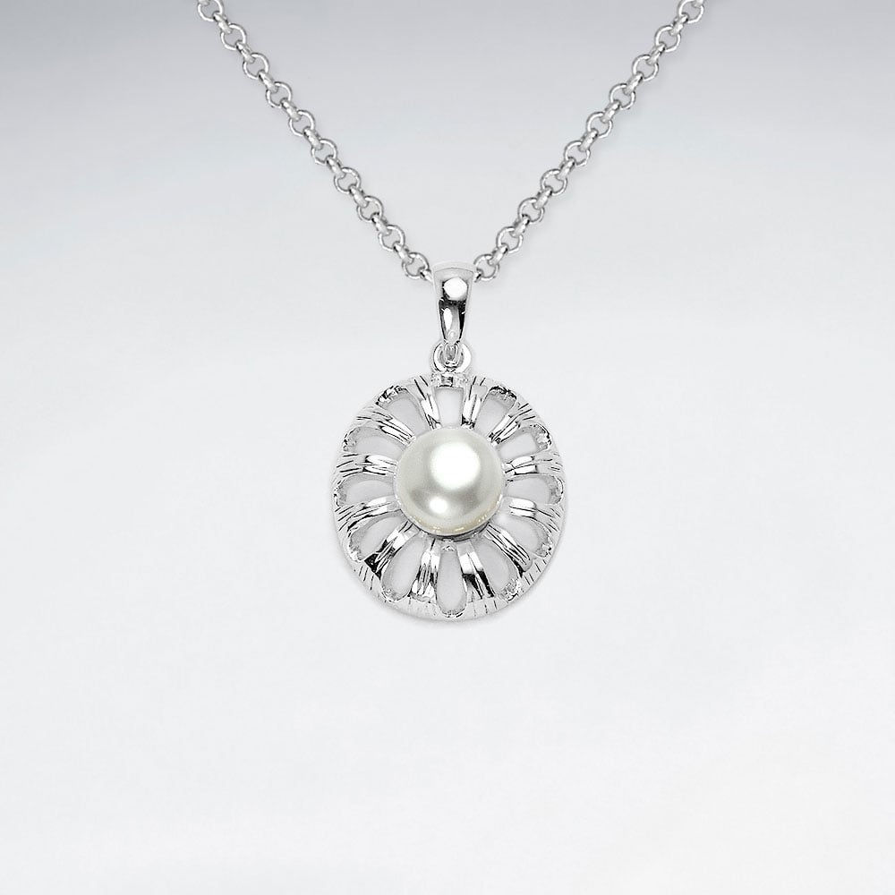 925 Sterling Silver Round Flower Pearl Pendant