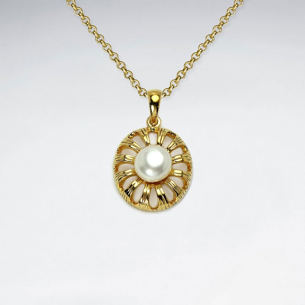 925 Sterling Silver Round Flower Pearl Pendant