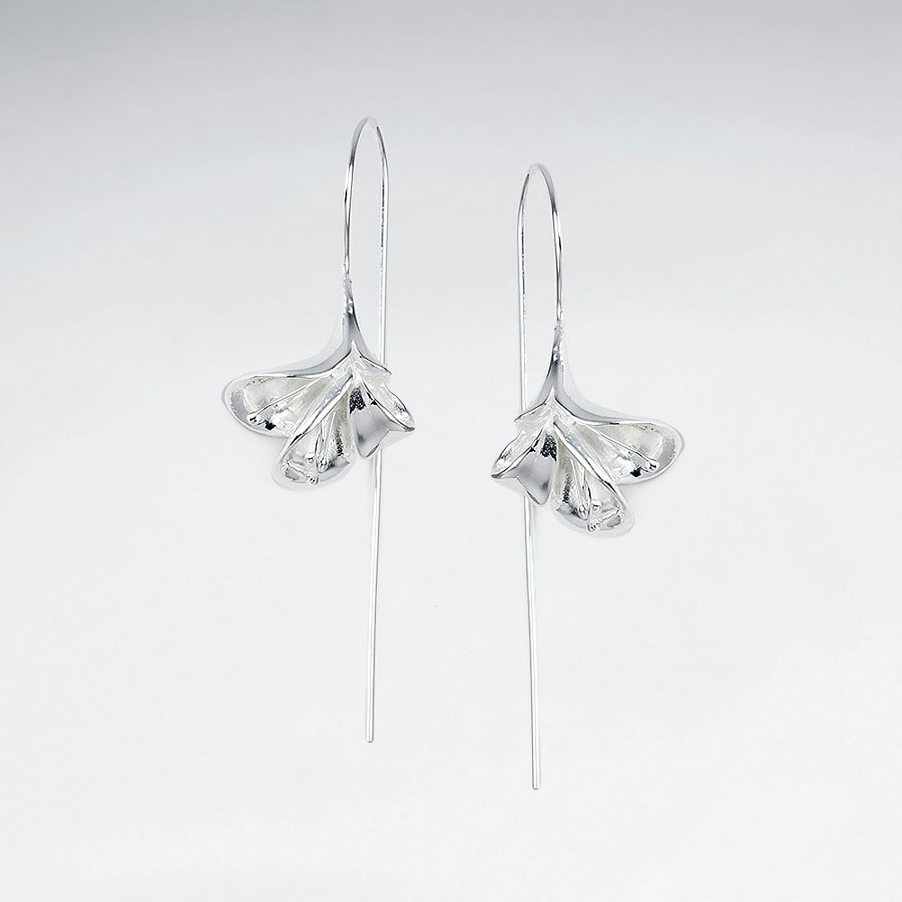 Exquisite Fanned Leaf Inspired Silver Drop Hook Earrings