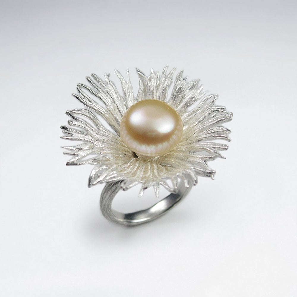 Sterling Silver Matte Polished & Pearl Flower Statement Ring