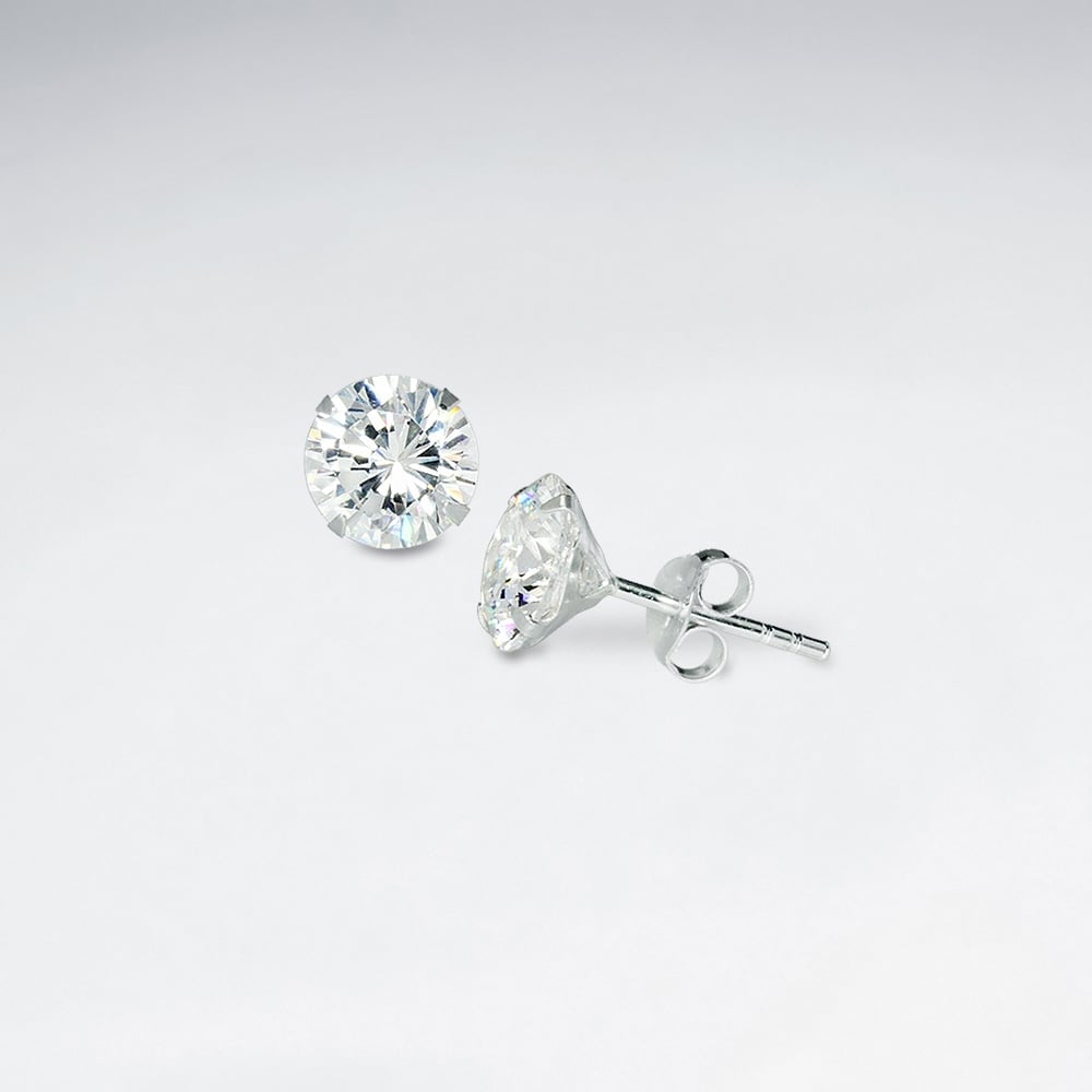 Round Cubic Zirconia Sterling Silver Stud Earrings
