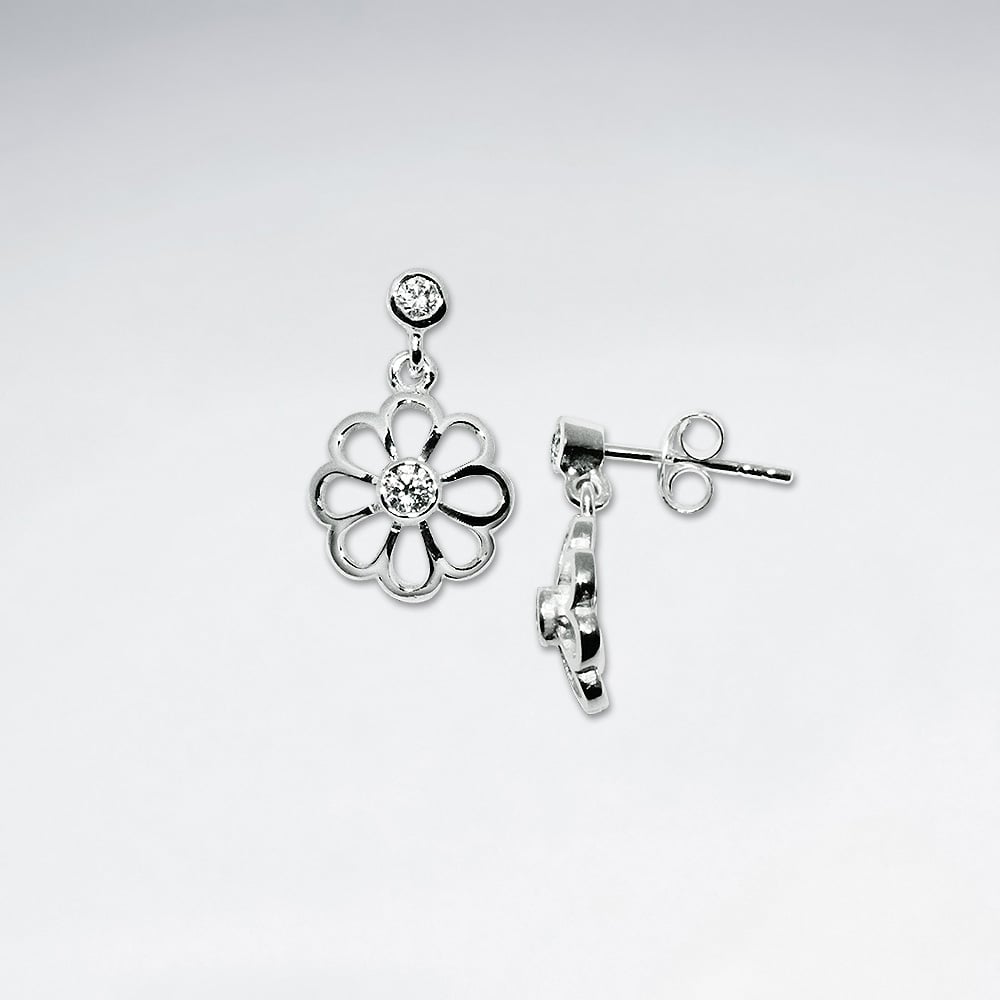 Daisy Openwork Solitaire Cubic Zirconia Sterling Silver Dangle Stud Earrings