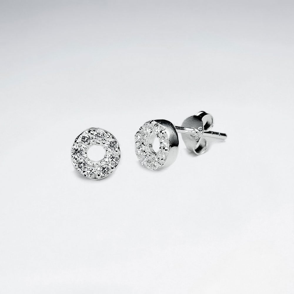 Sterling Silver Wreath Silhouette Pave CZ Dainty Stud Earrings