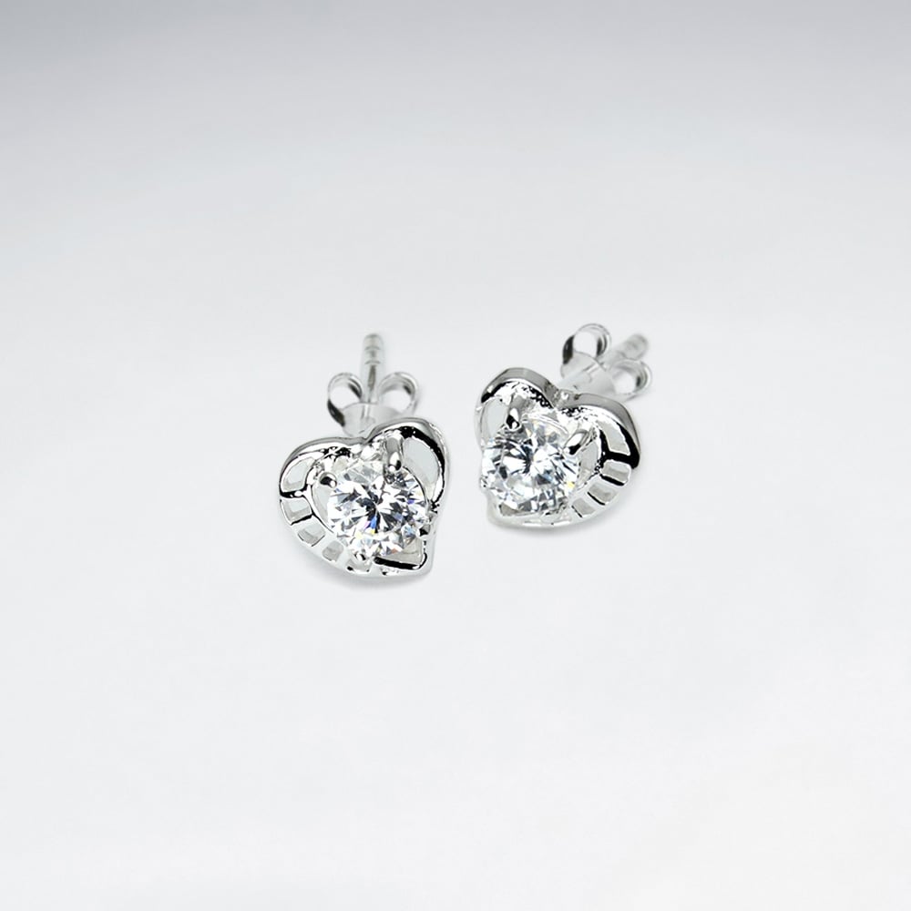 925 Sterling Silver Cubic Zirconia Heart Stud Earrings