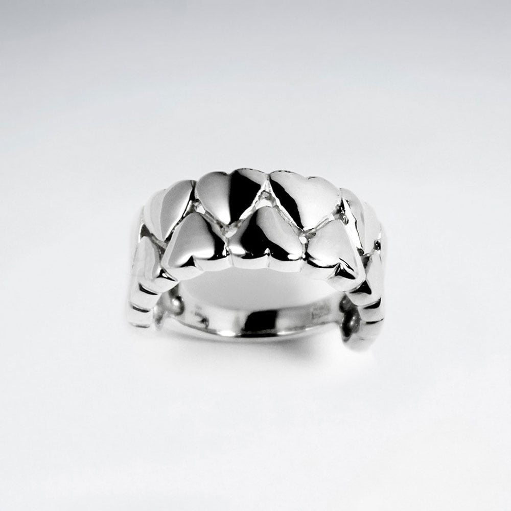 Sterling Silver Heart Lined Up In Double Rows Ring
