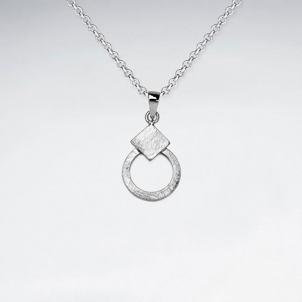 Sterling Silver Teardrop Matte Finish Diamond Shaped With Circle Pendant