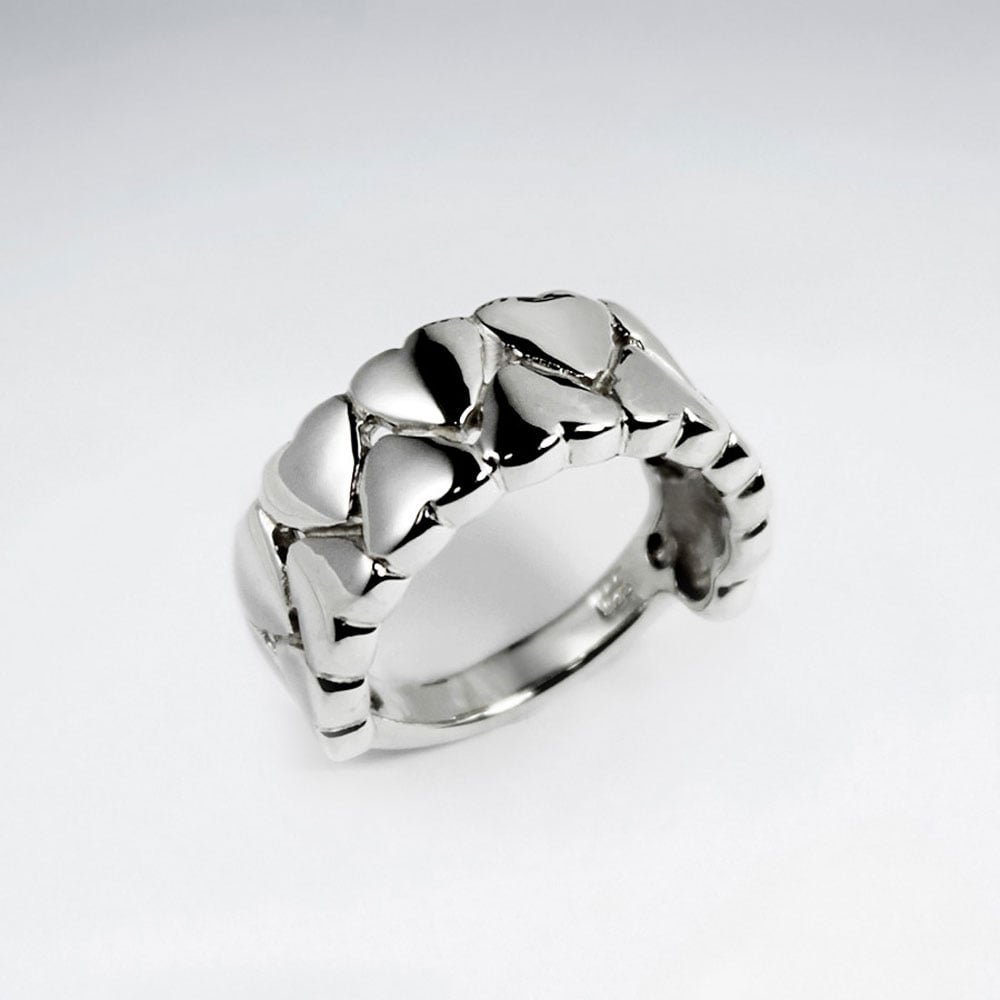 Sterling Silver Heart Lined Up In Double Rows Ring