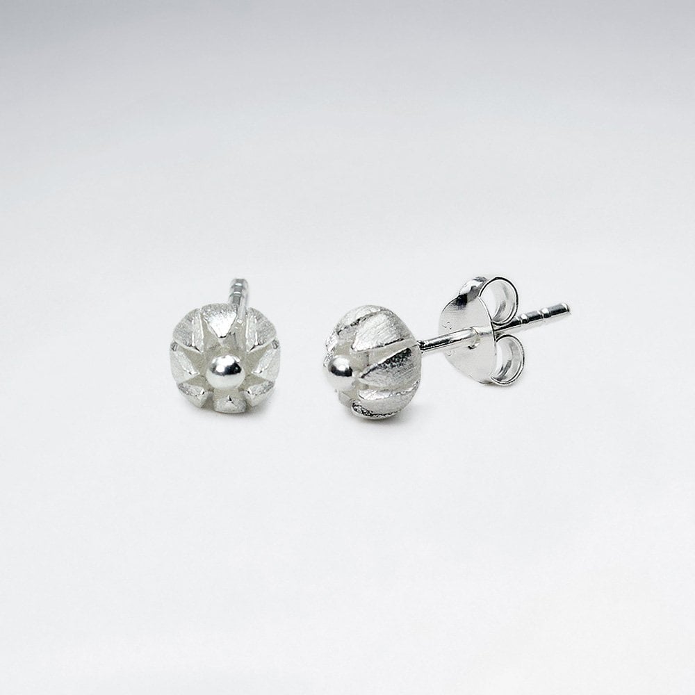 Simple Sterling Silver Round Bloom Inspired Grooved Stud Earrings